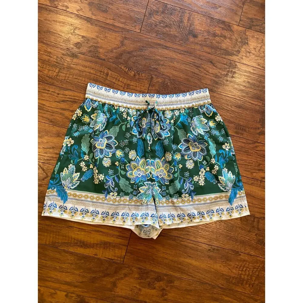 ANTHROPOLOGIE MAEVE Shorts Blue Green Floral Pull On Pockets Size L Boho - Picture 3 of 9